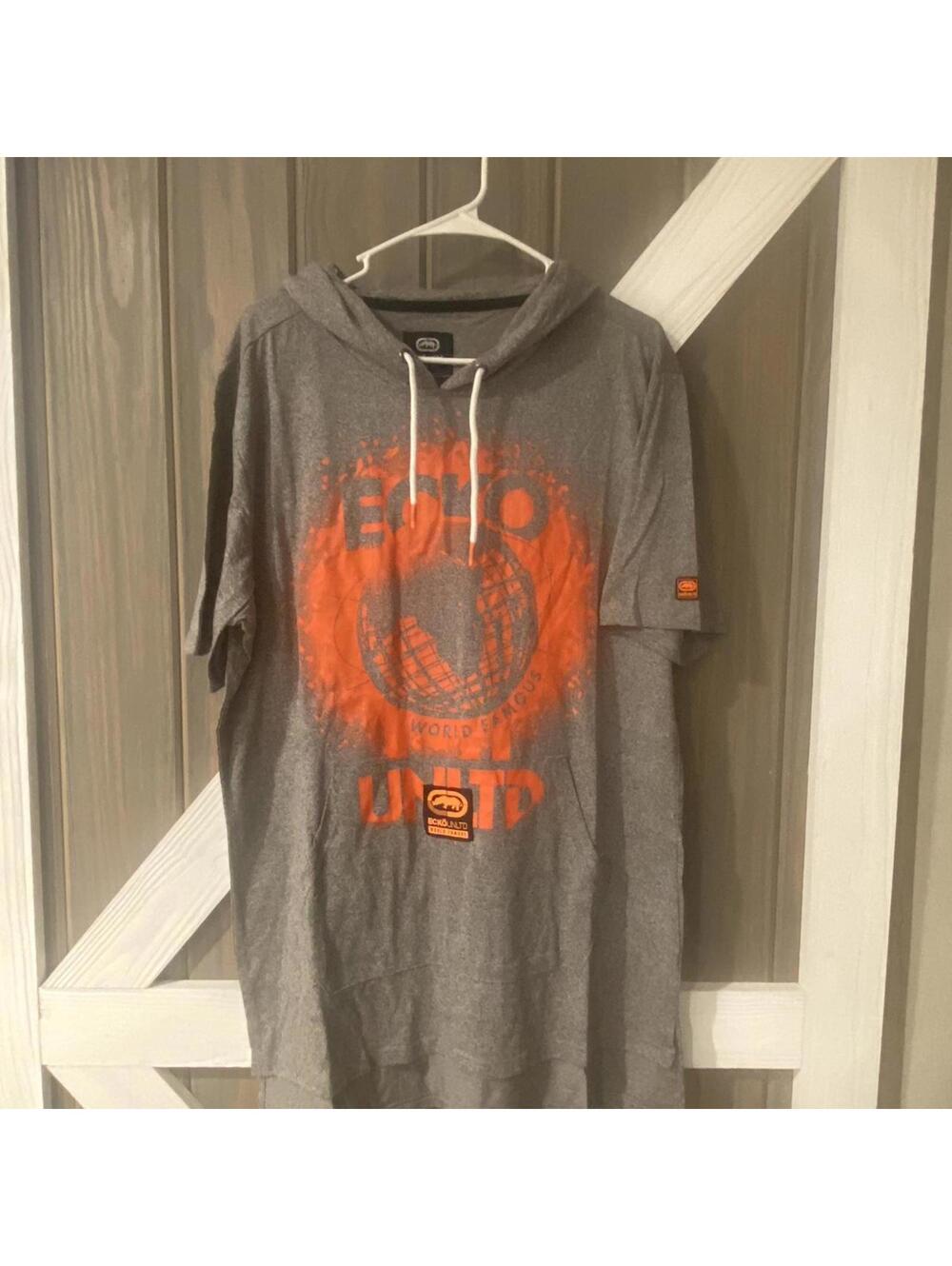 Ecko Unltd. Grey Short Sleeve Hoodie w/ Orange Logo Graphic - Large